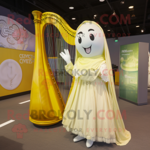 Lemon Yellow Celtic Harp mascot costume character dressed with a Wedding Dress and Shawls