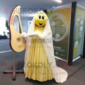 Lemon Yellow Celtic Harp mascot costume character dressed with a Wedding Dress and Shawls