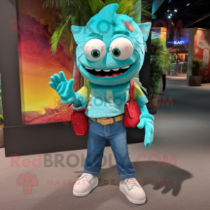 Turquoise Ceviche mascot costume character dressed with a Boyfriend Jeans and Handbags