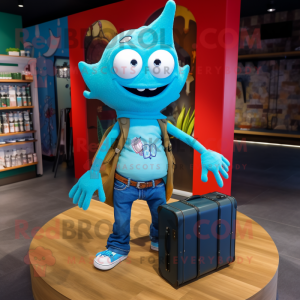 Turquoise Ceviche mascot costume character dressed with a Boyfriend Jeans and Handbags