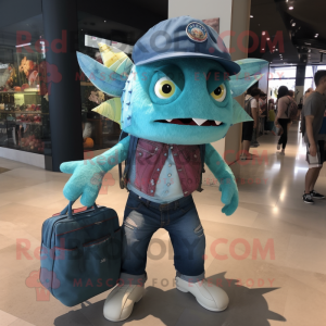Turquoise Ceviche mascot costume character dressed with a Boyfriend Jeans and Handbags