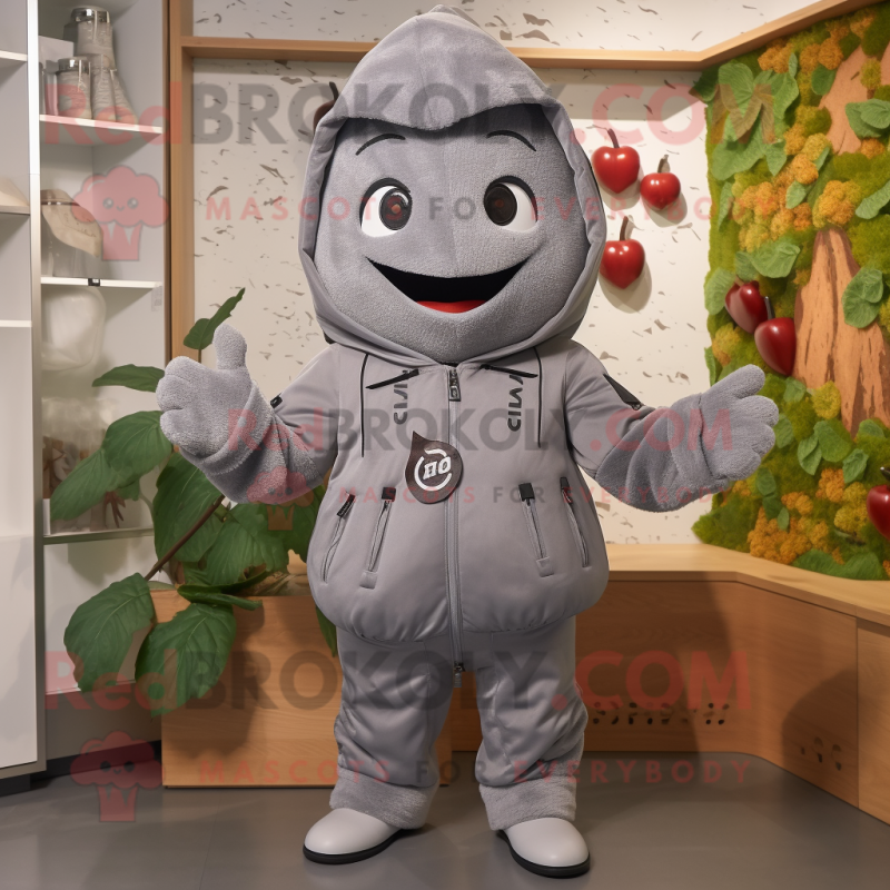 Gray Cherry mascot costume character dressed with a Hoodie and Belts