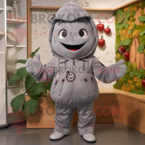 Gray Cherry mascot costume character dressed with a Hoodie and Belts