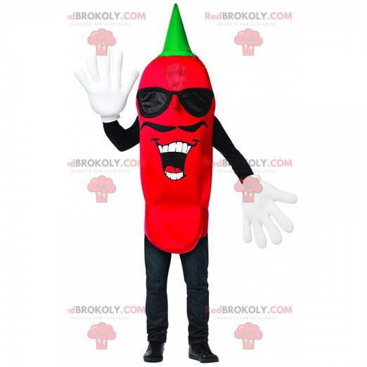 Mascote de pimenta vermelha bigodudo, traje picante -