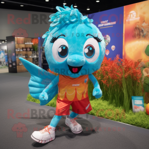 Turquoise Goldfish mascot costume character dressed with a Running Shorts and Hair clips