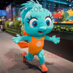 Turquoise Goldfish mascot costume character dressed with a Running Shorts and Hair clips