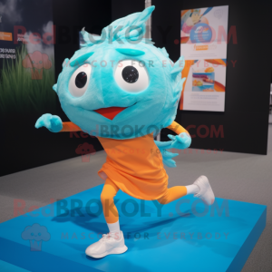 Turquoise Goldfish mascot costume character dressed with a Running Shorts and Hair clips