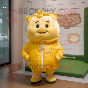 Lemon Yellow Beef Wellington mascot costume character dressed with a Windbreaker and Hairpins