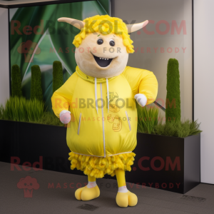 Lemon Yellow Beef Wellington mascot costume character dressed with a Windbreaker and Hairpins