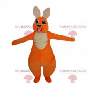 Mascotte de kangourou orange et blanc avec un gros ventre -
