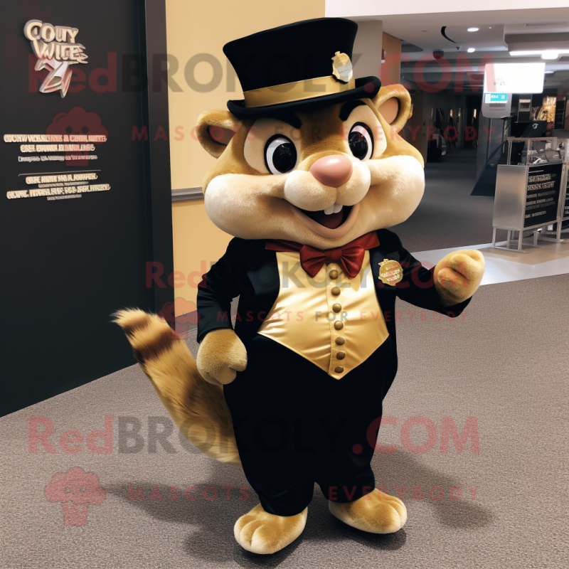 Gold Chipmunk mascot costume character dressed with a Tuxedo and Shoe clips Gold Chipmunk mascot costume character dressed with a Tuxedo and Shoe clips