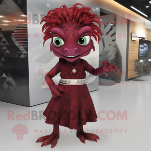 Maroon Lizard mascot costume character dressed with a Mini Dress and Hair clips