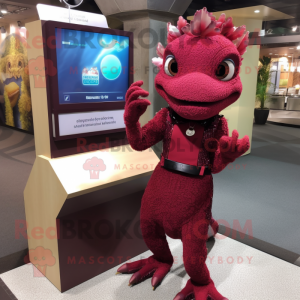 Maroon Lizard mascot costume character dressed with a Mini Dress and Hair clips