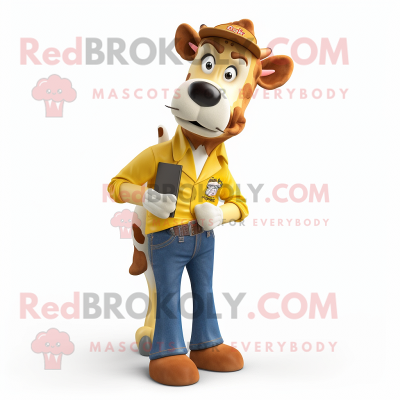 Gold Guernsey Cow mascot costume character dressed with a Jeans and Ties