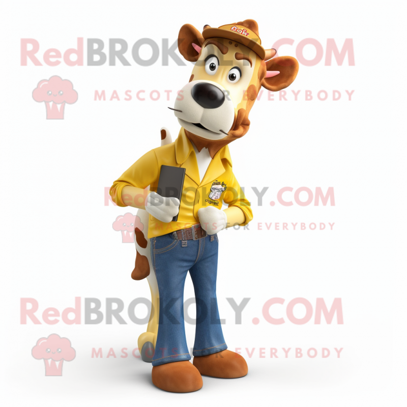 Gold Guernsey Cow mascot costume character dressed with a Jeans and Ties Gold Guernsey Cow mascot costume character dressed with a Jeans and Ties