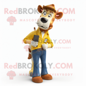 Gold Guernsey Cow mascot costume character dressed with a Jeans and Ties