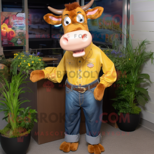 Gold Guernsey Cow mascot costume character dressed with a Jeans and Ties