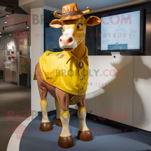 Gold Guernsey Cow mascot costume character dressed with a Jeans and Ties