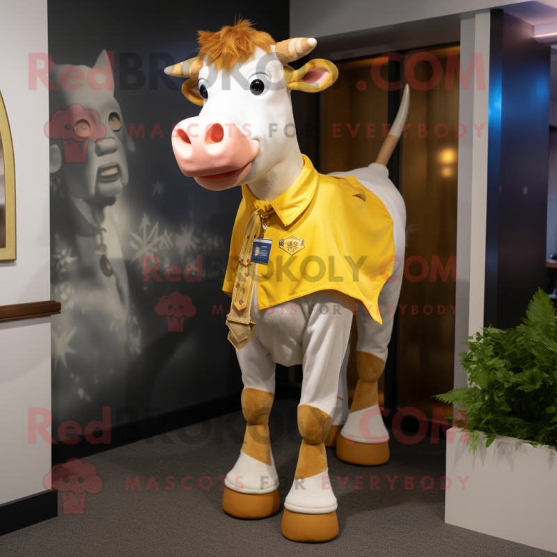 Gold Guernsey Cow mascot costume character dressed with a Jeans and Ties