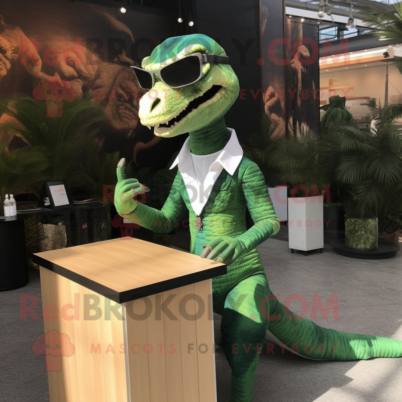 Forest Green Velociraptor mascot costume character dressed with a V-Neck Tee and Sunglasses