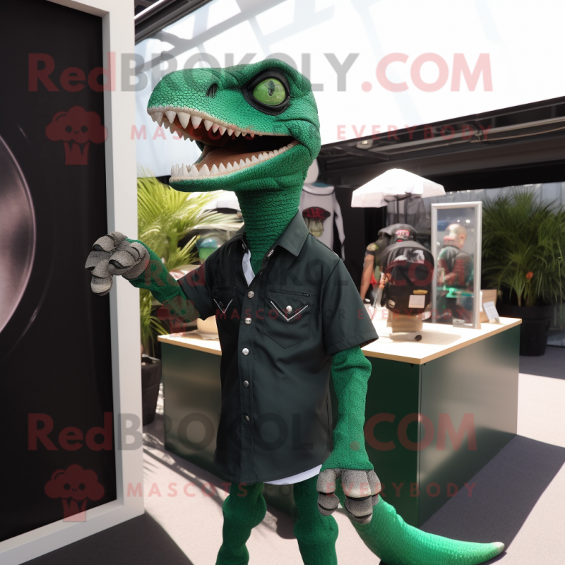 Forest Green Velociraptor mascot costume character dressed with a V-Neck Tee and Sunglasses Forest Green Velociraptor mascot costume character dressed with a V-Neck Tee and Sunglasses