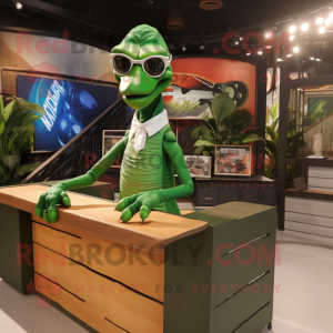 Forest Green Velociraptor mascot costume character dressed with a V-Neck Tee and Sunglasses