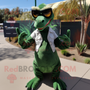 Forest Green Velociraptor mascot costume character dressed with a V-Neck Tee and Sunglasses