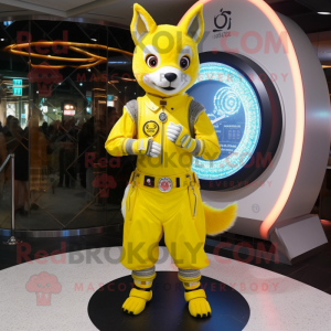 Lemon Yellow Fox mascot costume character dressed with a Circle Skirt and Digital watches