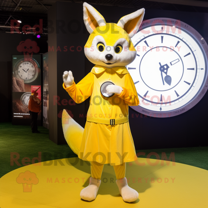 Lemon Yellow Fox mascot costume character dressed with a Circle Skirt and Digital watches