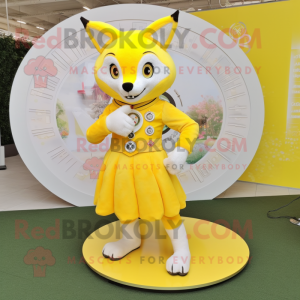 Lemon Yellow Fox mascot costume character dressed with a Circle Skirt and Digital watches