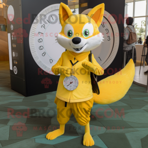 Lemon Yellow Fox mascot costume character dressed with a Circle Skirt and Digital watches