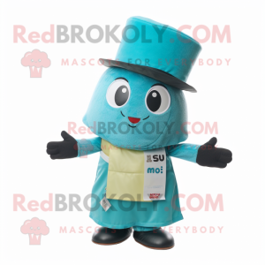 Turquoise Miso Soup mascot costume character dressed with a Vest and Hats