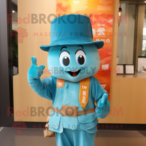 Turquoise Miso Soup mascot costume character dressed with a Vest and Hats