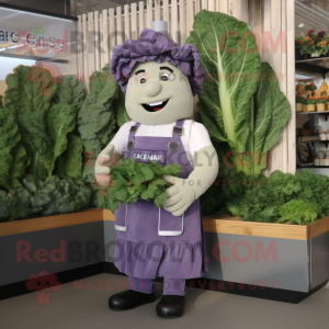 Lavender Caesar Salad mascot costume character dressed with a Dungarees and Cummerbunds