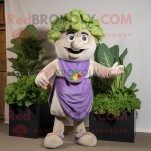 Lavender Caesar Salad mascot costume character dressed with a Dungarees and Cummerbunds