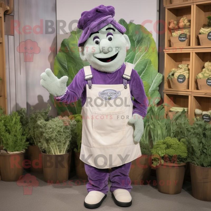 Lavender Caesar Salad mascot costume character dressed with a Dungarees and Cummerbunds Lavender Caesar Salad mascot costume character dressed with a Dungarees and Cummerbunds