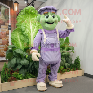 Lavender Caesar Salad mascot costume character dressed with a Dungarees and Cummerbunds