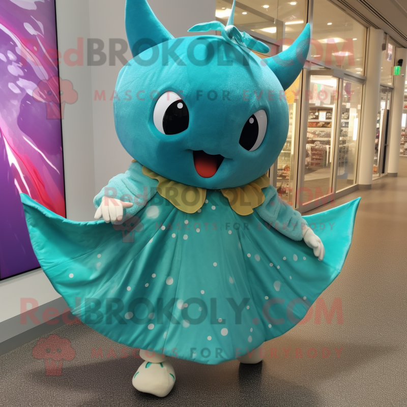 Turquoise Ray mascot costume character dressed with a Skirt and Keychains