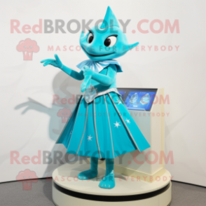 Turquoise Ray mascot costume character dressed with a Skirt and Keychains