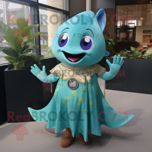 Turquoise Ray mascot costume character dressed with a Skirt and Keychains