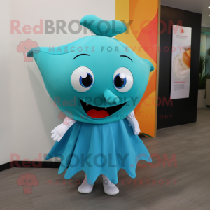 Turquoise Ray mascot costume character dressed with a Skirt and Keychains