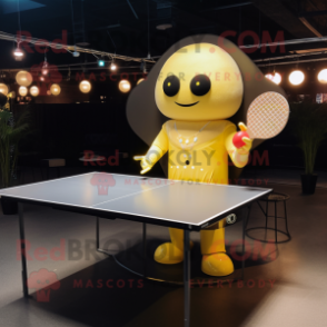 Gold Ping Pong Table mascot costume character dressed with a Mini Dress and Suspenders