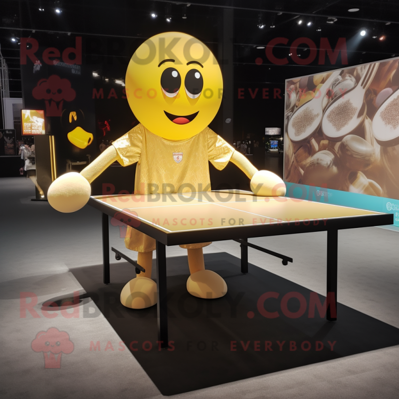 Gold Ping Pong Table mascot costume character dressed with a Mini Dress and Suspenders Gold Ping Pong Table mascot costume character dressed with a Mini Dress and Suspenders