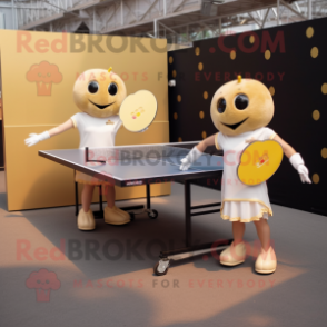 Gold Ping Pong Table mascot costume character dressed with a Mini Dress and Suspenders