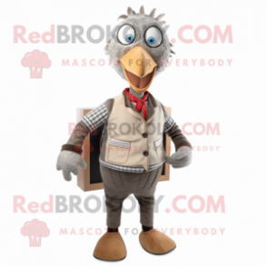 Silver Turkey mascot costume character dressed with a Cardigan and Suspenders