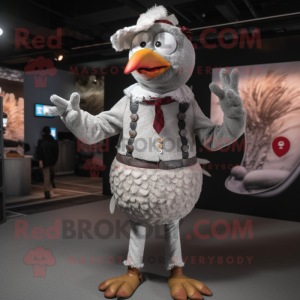 Silver Turkey mascot costume character dressed with a Cardigan and Suspenders