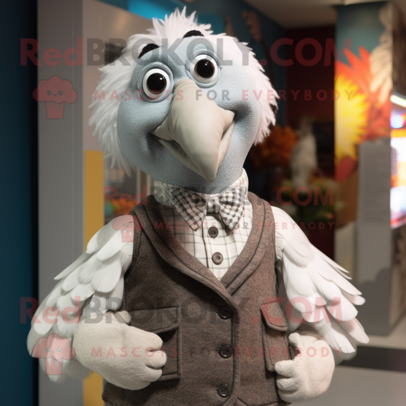 Silver Turkey mascot costume character dressed with a Cardigan and Suspenders