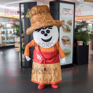 Rust Pad Thai mascot costume character dressed with a A-Line Skirt and Hat pins