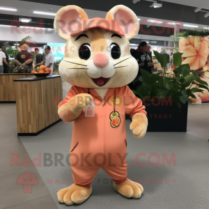 Peach Rat mascot costume character dressed with a Jumpsuit and Brooches