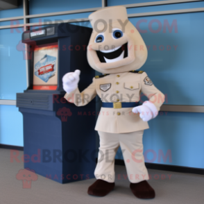 Cream Air Force Soldier mascot costume character dressed with a Cocktail Dress and Suspenders